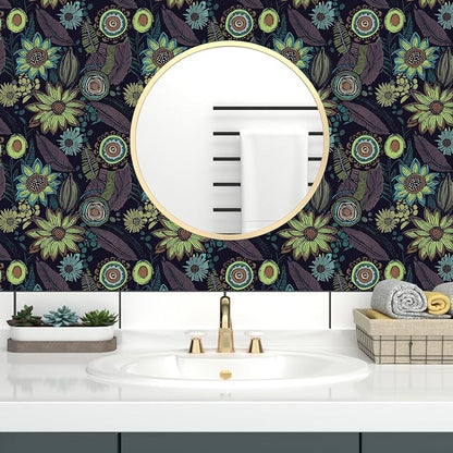 Vintage Boho Wallpaper Peel and Stick, Gothic Floral Contact Paper, Retro Flowers Bohemia Wall Paper Self Adhesive Removable Waterproof for Walls Shelves Cabinet Table 17.5" x 118"(Dark Purple, Green)