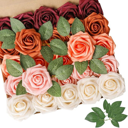 AmyHomie Artificial Flower Shades of Burgundy Rose 25pcs Real Looking Fake Roses w/Stem for DIY Wedding Bouquets Centerpieces Arrangements Party Baby Shower Valentines Day Christmas Tree Decorations