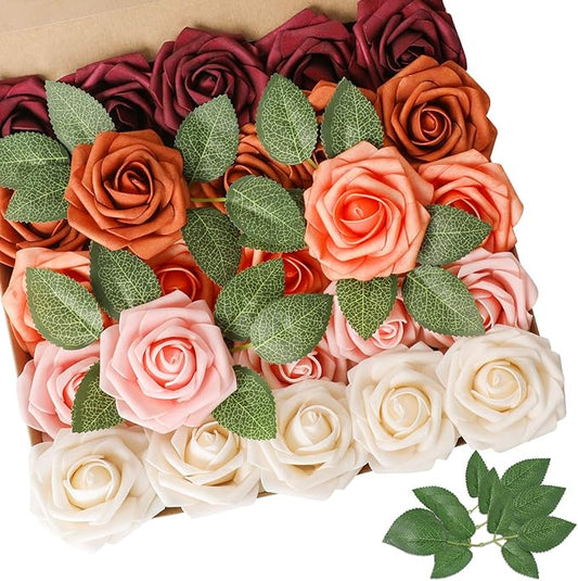 AmyHomie Artificial Flower Shades of Burgundy Rose 25pcs Real Looking Fake Roses w/Stem for DIY Wedding Bouquets Centerpieces Arrangements Party Baby Shower Valentines Day Christmas Tree Decorations