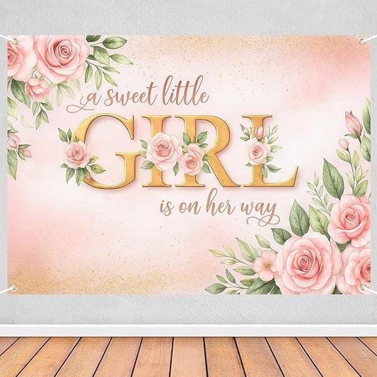 7x5ft Pink Floral Girl Baby Shower Decorations, A Sweet Little Girl is on Her Way Baby Shower Party Backdrop, Photography Background Banner for Gender Reveal, Maternity Photo Booth