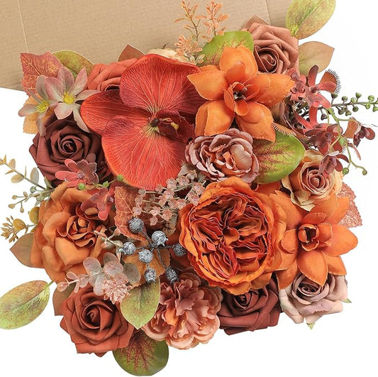 Burnt Orange Artificial Flowers Set - Fake Roses, Peonies, Silk Flowers with Stems for DIY Wedding Bouquets,Floral Arrangement,Table Centerpieces,Baby Shower, Home Decor