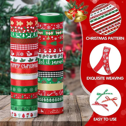 Solsew 32 Rolls 160 Yards Christmas Ribbon for Gift Wrapping 3/8 Inch Holiday Grosgrain Thin Ribbons for Crafts DIY Xmas Satin Decorations for Christmas Tree Gift Bows Scrapbooking Xmas Party Decor