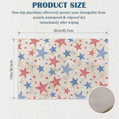 Patriotic Placemats Set of 4, Colorful American Stars Linen Place Mats Heat Resistant Non-Slip Washable Table Mats for Dining Kitchen Party Decor 12"x18"