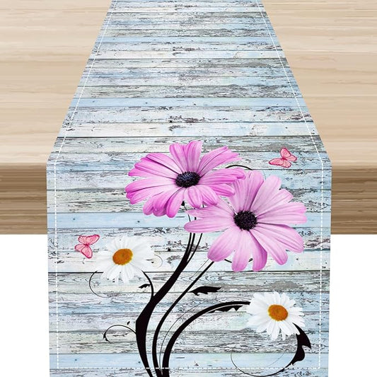 Farmhouse Table Runner, Abstract Daisy Flower Rustic Old Wood Farmhouse Print Table Runner for Home Indoor Outdoor Party Wedding Decor 13x90 inch