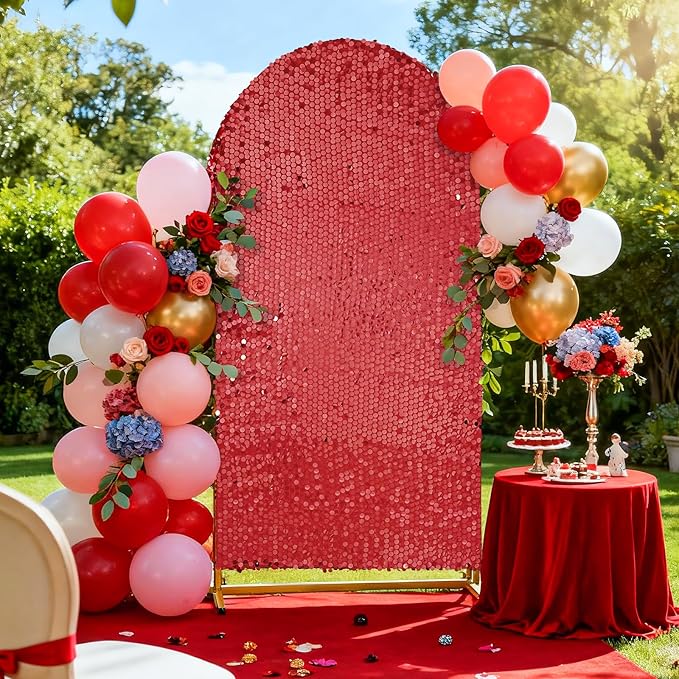 Red Sequin Arch Covers 6.6FT Spandex Fitted Arch Backdrop Cover Wedding Arch Covers for Party Celebration Baby Shower Event Decoration