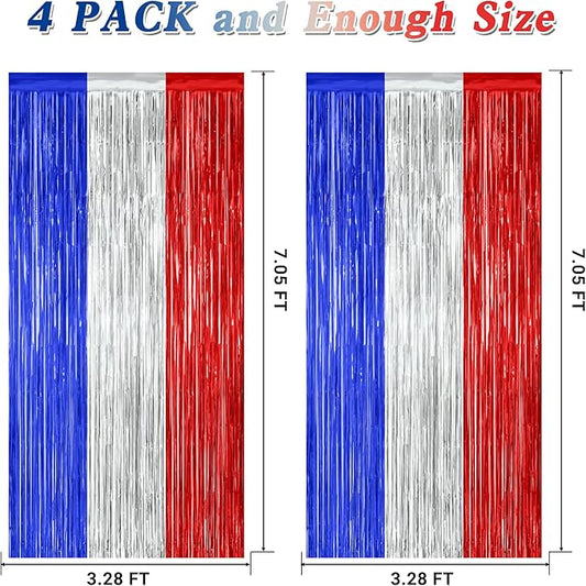 4 Pack 4th of July Decorations, 3.28 FT x 7.05 FT Independence Photo Backdrop, Metallic Blue Silver Red Backdrop Curtains Fringe Curtains Party Streamer, Patriotic Decor Fourth of July Party Supplies