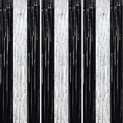 3 Pack 3.3 x 8.2 ft Black and Silver Foil Fringe Backdrop Curtains, Tinsel Streamers Party Decorations, Fringe Backdrop