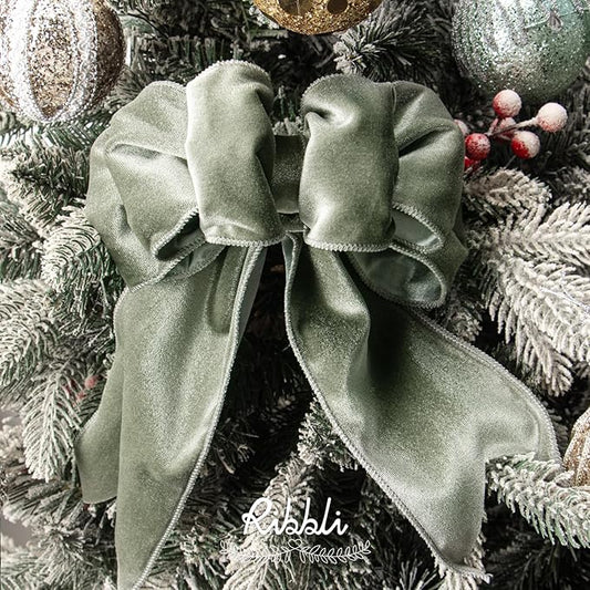 Ribbli Dusty Green Velvet Wired Ribbon 4 Inch Sage Velvet with Satin Christmas Ribbon for Gift Wrapping Christmas Tree Decoration Crafts Wreaths Supplies-Continuous 10 Yards