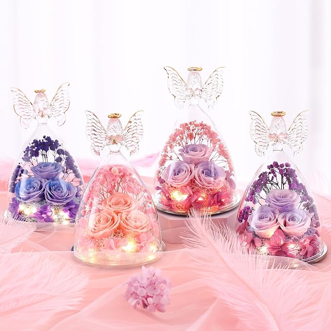Christmas Rose Gifts for Women Preserved Real Flower in Glass Angel Figurines Roses for Delivery Prime Birthday Gifts for Mom Grandma Girlfriend Wife Her, Champagne