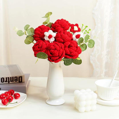 Red Crochet Flowers Bouquet Red Knitted Flower Rose Crochet Bouquet Handmade for Wedding, Anniversary, Christmas, Graduation Crochet Gifts for Women (Includes Card)