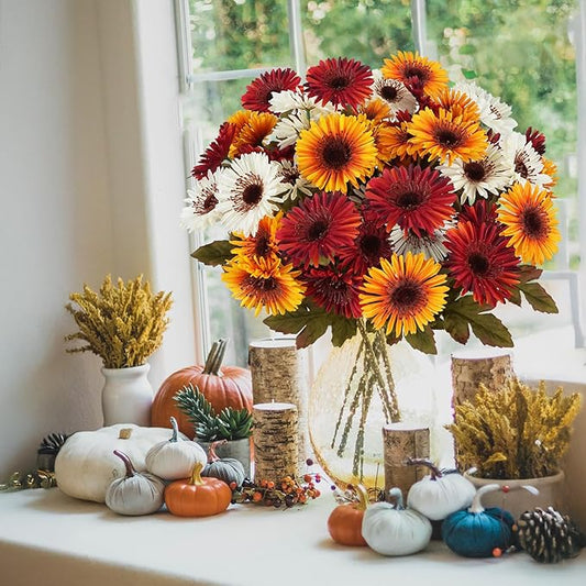 HUAESIN Artificial Fall Mum Flower for Outdoors 2 Bundles Autumn Cemetery Flowers Silk Daisy Bulk Plants for Home Porch Patio Farmhouse Thanksgiving Porch Garden Pots Planter Decor