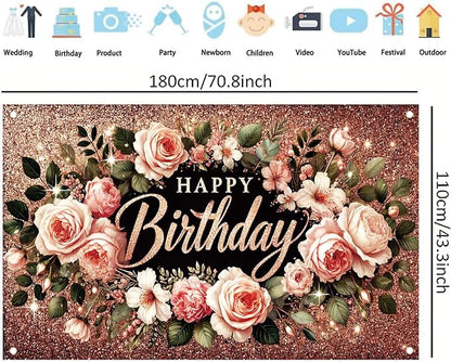 Happy Birthday Backdrop Banner Rose Gold Glitter Floral Photography Background for Women Girls Lady Wedding Baby Shower Birthday Supplies Photo Props Party Decorations Cake Table 6x4ft
