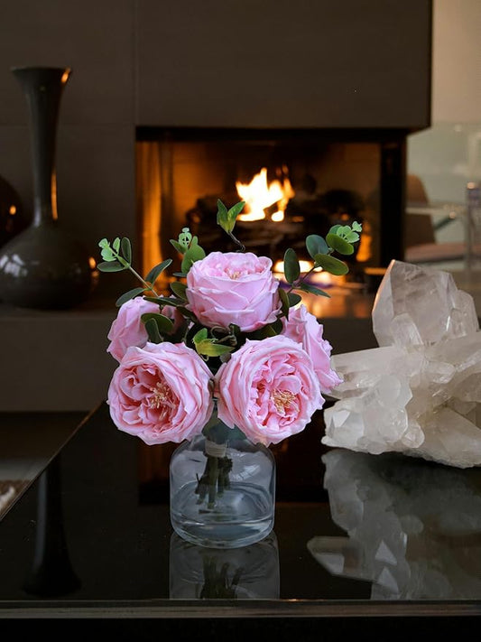 Forlaoers Real Touch Pink Floral Rose Fake Flower Bouquet in Fake Water Silk Flower Arrangements Artificial Flowers with Vase Centerpieces for Center Table Decor Dining Room House Kitchen Decorations