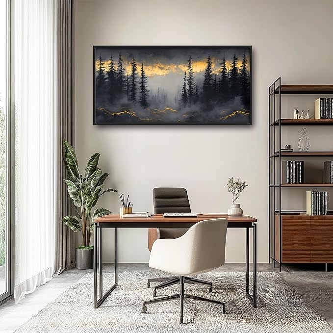 Misty Forests Large Decor Framed Wall Art Gold and Black Pictures for Living Room, Foggy Forest Landscape Oversized Canvas Print Painting Modern Extra Large Framed Artwork for Bedroom Office 60"x30"