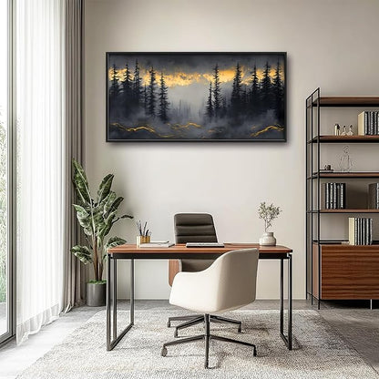 Misty Forests Large Decor Framed Wall Art Gold and Black Pictures for Living Room, Foggy Forest Landscape Oversized Canvas Print Painting Modern Extra Large Framed Artwork for Bedroom Office 60"x30"