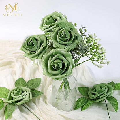 Meldel Artificial Flowers 25pcs Real Looking Elf Green Foam Fake Roses with Stems for DIY Wedding Bouquets Bridal Shower Centerpieces Floral Arrangements Home Decorations Bulk Crafts Rose