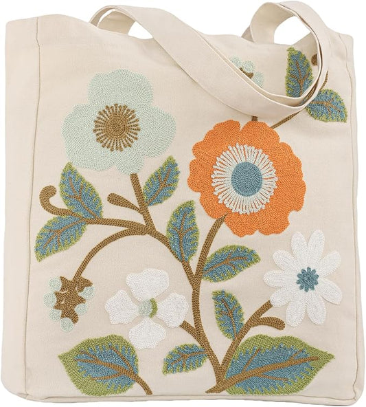 Aesthetic Embroidery Tote Bag for Lady Cute Reusable Canvas Shoulder Bag for Girls Women Shopping Grocery