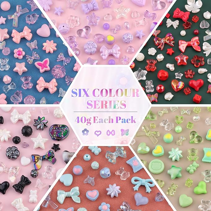 Assorted Acrylic Beads, 400-450PCS 6 Mixed Colors Cute Beads for Bracelet Making, GummyBear Bow Flower Kawaii Charms for Jewelry Making DIY Necklace Keychain Phone Charm Christmas Gift