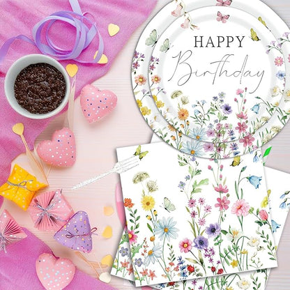 Wildflower Birthday Party Decorations for Girls Women, Banner Centerpieces Cupcake Toppers Tablecloth, Spring Floral Paper Plates Napkins Cups Forks Straws Supplies Serve 20