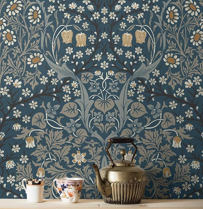 NextWall Seabrook Designs Victorian Garden Floral Vintage Prepasted Wallpaper (Aegean Blue & Warm Stone)