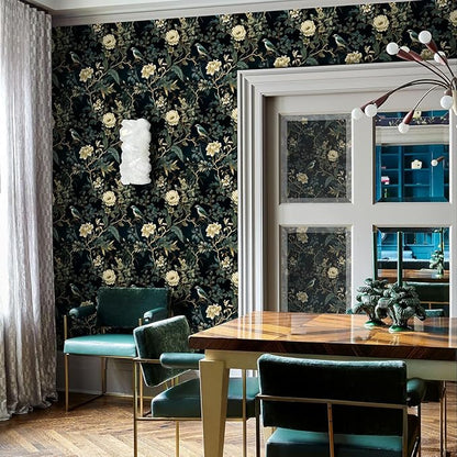 Dark Floral Peel and Stick Wallpaper Vintage Floral Contact Paper 16.9inchx118.1inch Flowers Bird Wallpaper Peel and Stick Boho Leaf Self Adhesive Removable for Bathroom Wall Paper Decor