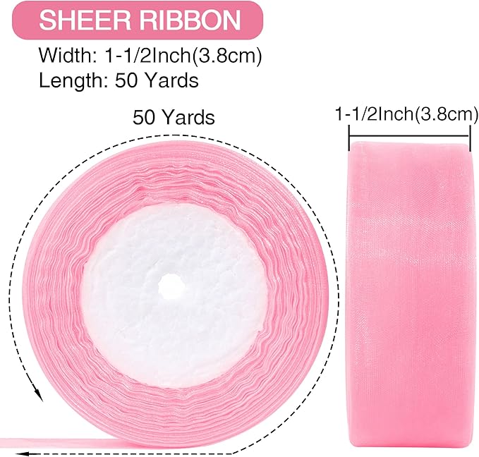 1-1/2 Inch x 50 Yards Sheer Organza Ribbon Chiffon Ribbon for Gift Wedding Flower Bouquet Wrapping Decorations Crafts (Light Pink)