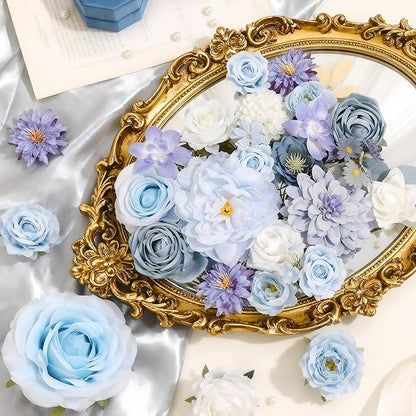 SwanMoon Artificial Flowers Combo Box Set, 26pcs Blue Silk Roses & Daisy with Stems for DIY Wedding Bouquets, Party Centerpieces & Home Decor