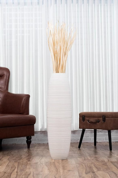 Leewadee Large 34″ Tall Floor Vase, White - Handcrafted Mango Wood for Pampas & Dried Stems
