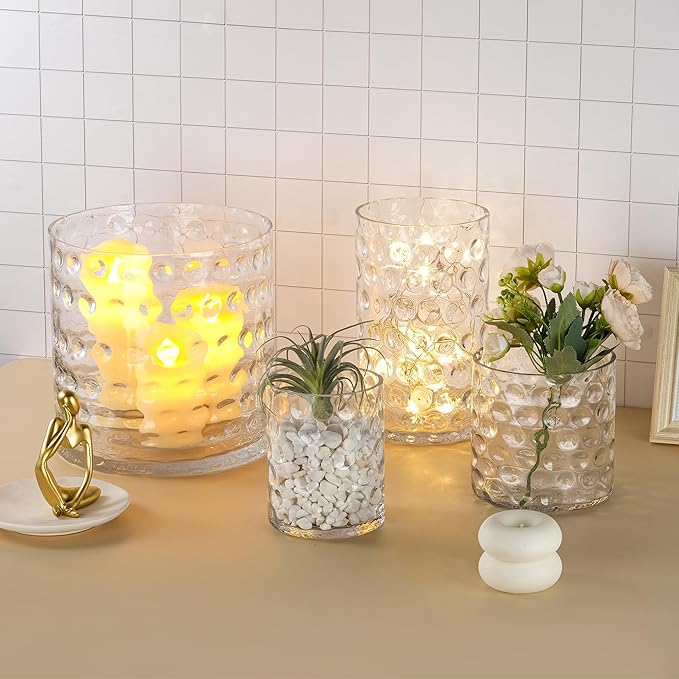 5‘ Wide 6" High Decorative Glass Cylinder Vase with Dimpled Circle Pattern, 8 Inch Tall, Clear (1, 5"x6")