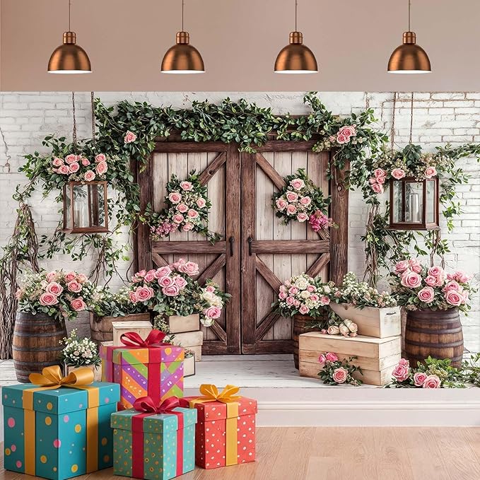 12x10ft Country Wedding Photography Backdrop Floral Rustic Roses Farmhouse Wooden Door Backdrop Pink Flower Birthday Baby Shower Wedding Bridal Party Banner Photo Booth Props Anniversary Background