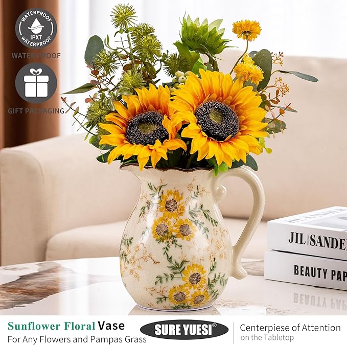Sunflower Vintage Ceramic Yellow Floral Vase with Handle, Chinoiserie Floral Pitcher Vase, Rustic Ceramic Farmhouse Vases for Home Decor, Living Room, Bookshelf, Office, Grand Millennial Decor 7.9 in