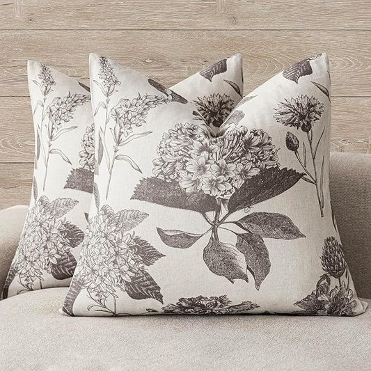 Foindtower Set of 2 Linen Floral Throw Pillow Covers Vintage Accent Print Decorative Cushion Covers Farmhouse Boho Home Decor for Sofa Chair Couch Bedroom Living Room,24×24 Inch,Light Gray