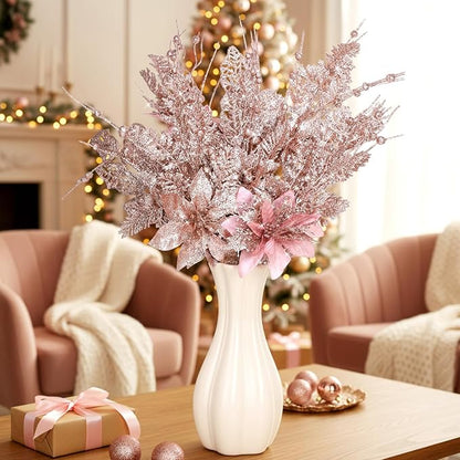 18 Pack 3 Styles 17 Inch Christmas Glitter Poinsettia Berry Stems Ornaments Artificial Floral Branches Picks for Christmas Tree Home Vase Holiday Party Decor(Rose Gold)