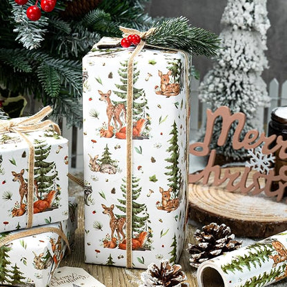 MAYPLUSS Christmas Wrapping Paper Roll - 17 In x 33 Feet - Cute Watercolor Christmas Tree Reindeer Rabbit Squirrel Gift Wrap Paper for New Year, Holiday, Kids