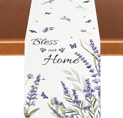 Purple Floral Table Runner, Spring Summer Watercolor Lavender Flower Country Farmhouse Coffee Table Center Decor for Home Kitchen Dining Patio Holiday Party Table Decorations 13x108 inches