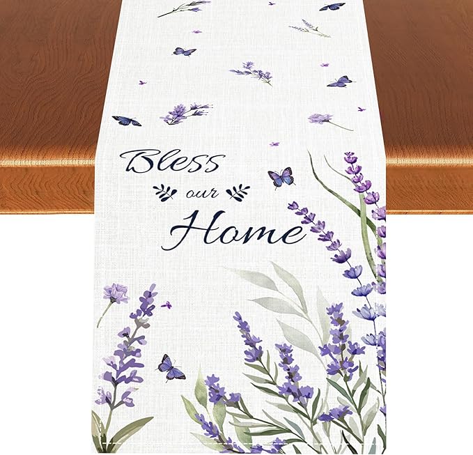 Purple Floral Table Runner, Spring Summer Watercolor Lavender Flower Country Farmhouse Coffee Table Center Decor for Home Kitchen Dining Patio Holiday Party Table Decorations 13x90 inches