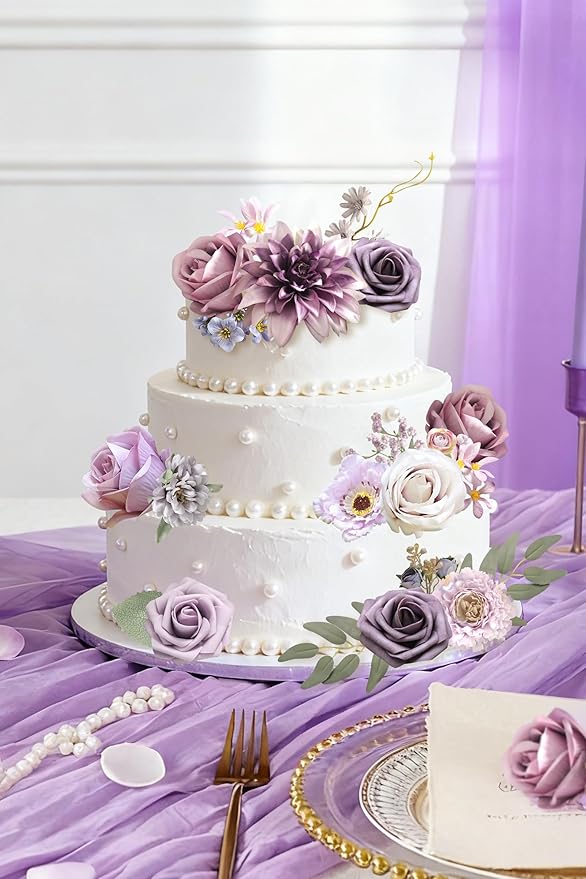 Purple Artificial Flowers Combo Box Set Silk Flowers Fake Rose for DIY Floral Arrangements Wedding Bouquets Centerpieces Baby Shower Party Home Decorations