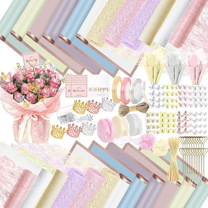 512Pcs Flower Wrapping Paper Kit with 120 Sheets Waterproof Floral Wrapping Paper 3D Butterfly Decor Crowns,Bouquet Pins Ribbons,DIY Crafts for Mother's Day Valentines Graduation Birthday Gift