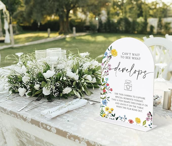 Acrylic Wedding Signs Can't Wait To See What Develops, Photo Guest Book Sign, 6x8" Floral Themed Arch Acrylic Table Decor, Love Is In Bloom Decorations for Bridal Shower Engagement Party