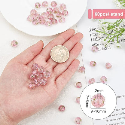 PH PandaHall 60pcs 8~10mm Pink Rose Lampwork Beads Gold Sand Glass Beads Flower Glass Beads 1.5~2mm Hole Floral Handmade Lampwork Beads Round Loose Beads for Rosary Making Jewelry Craft Making