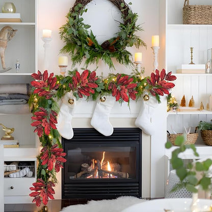 31" Burgundy Christmas Glitter Leaves Spray, Artificial Glitter Long Stems Christmas Tree Picks and Sprays Christmas Decoration Picks Xmas Tree Garland Wreath Autumn Winter Home
