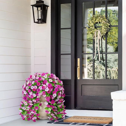 Artificial Fake Hanging Flowers Basket for Spring Decor, Faux Silk Flower in Planter for Summer, Outdoor Artificial Floral for Home Porch Yard(Double Lotus)