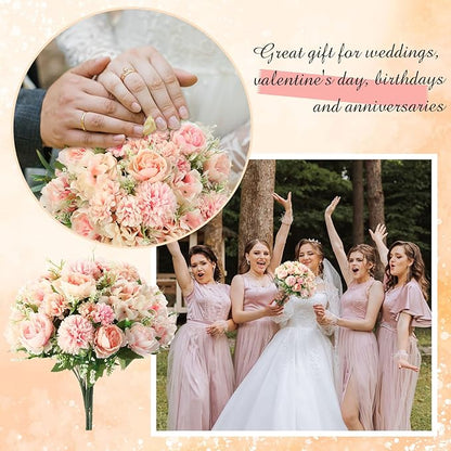 Tigeen Artificial Flowers Artificial Peonies Silk Flowers Faux Peony Fake Peony Silk Hydrangea Bouquet for Wedding Table Centerpiece Floral Vase Decor(Pink,24 Bundles)