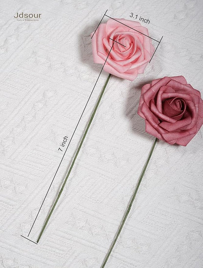 50pcs Artificial Flower，Real Touch Foam Roses w/Stem DIY for Wedding Bouquet Centerpieces Party Shower Home Decor-Shabby Rose Pink