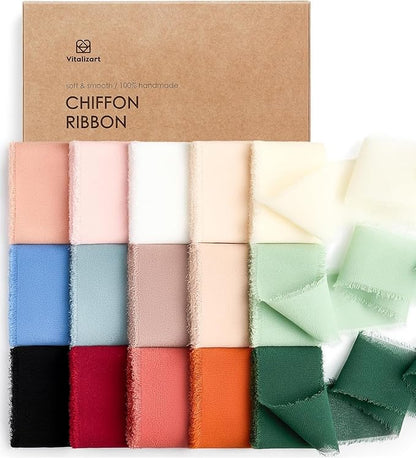 Vitalizart 15 Rolls 1.5" Chiffon Silk Ribbon Handmade Fringe Total 30 Yd Frayed Edges Ribbons for Wedding Invitations Bridal Bouquets Gifts Wrapping Crafts Holiday Decor