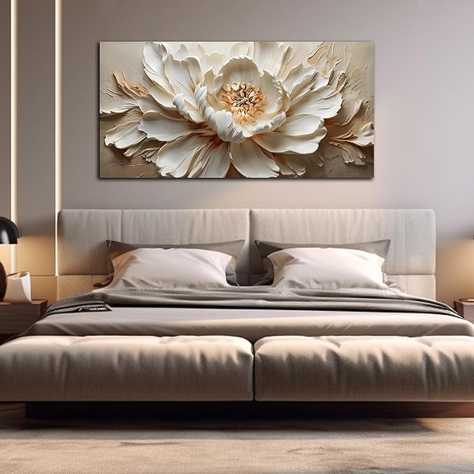 Flower Painting Wall Decor White Canvas Wall Art for Office Women,Teen Room Decor for Girls,Dining Room Art Wall Decor 24 x 48 Inch