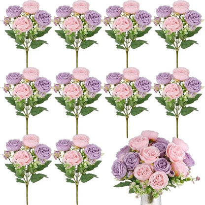 Olgaa 12 Bundles Peonies Artificial Flowers Artificial Peonies Silk Flowers Bulk Fake Peony Bouquet for Bridal Shower Decorations Wedding Table Centerpiece (Pink Purple)