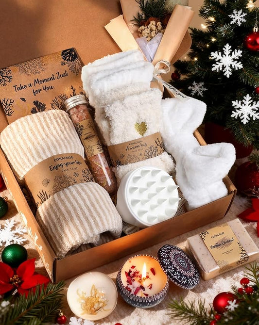 Coralogo Natural Spa Gift Baskets - Natural Pampering Spa Set, Self-Care Get Well Soon Basket,Thank You Gifts, Unique 11pcs Gift Set for Birthday Christmas Valentines Day Mothers Day