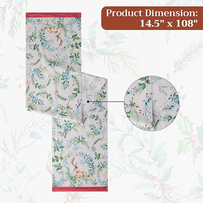 Maison d' Hermine Table Runner 100% Cotton Double Layer Table Runners 108 inches Long for Thanksgiving Christmas Decorations Home Kitchen Dining Party Wedding (Holly Time, 14.5" x 108")