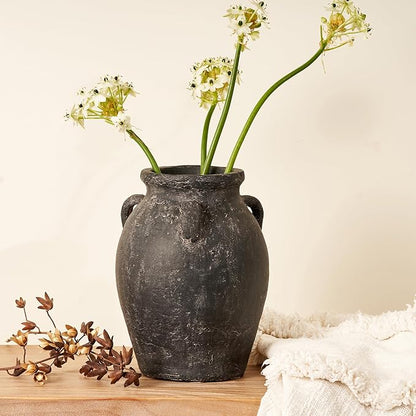 Terracotta Vase with 3 Ear | Handmade Black Ceramic Pottery 9.5'' Tall | Large Distressed Unique Vintage Vase | Rustic Farmhouse Pottery for Flowers | Textured | Wide Mouth | Centerpieces.